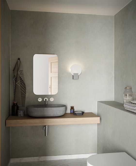 Neotřelé koupelnové světlo z tvrzeného broušeného skla s třístupňovým stmívačem dostupné v bílé, černé nebo dřevěné barvě.