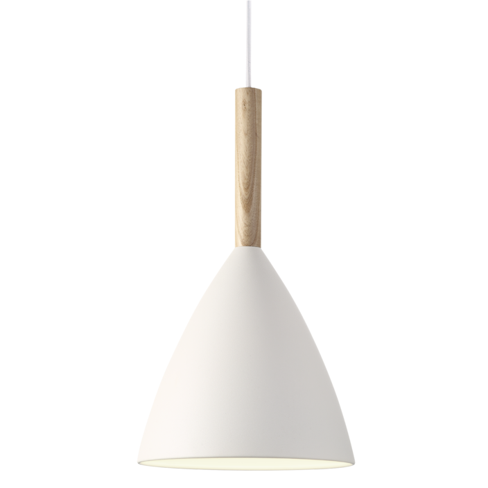 Lampa Pure 20 Nordic od Nordluxu s elegantní špičkou z ořechového dřeva v kombinaci s bílým, černým nebo šedým kovovým stínidlem. (bílá, jasan)