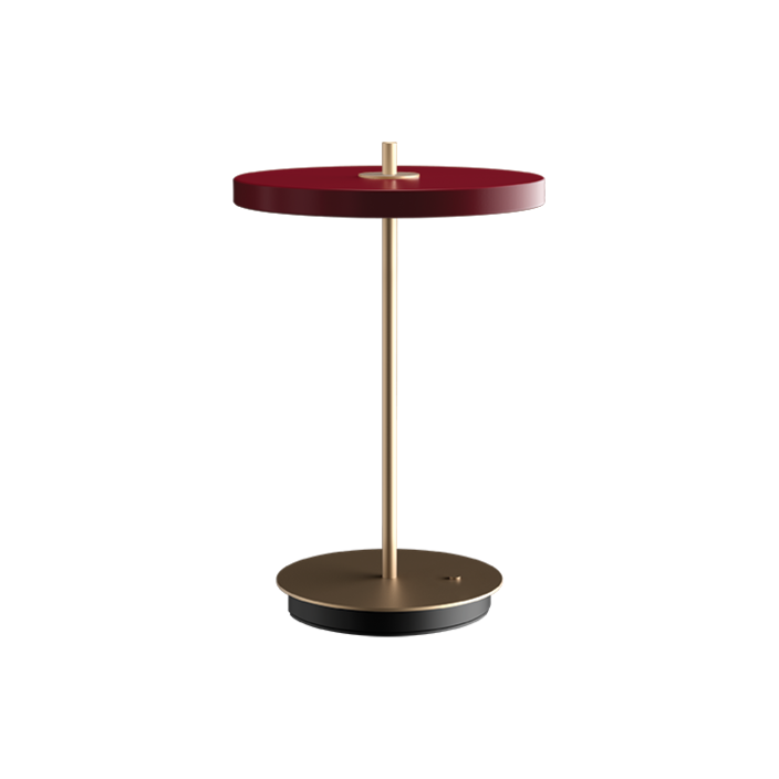 elegantní designová stolní lampa se zabudovaným LED panelem a difuzorem obsahující skrytý USB port pro možnost nabíjení mobilních telefonů, třístupňový stmívač (červená)