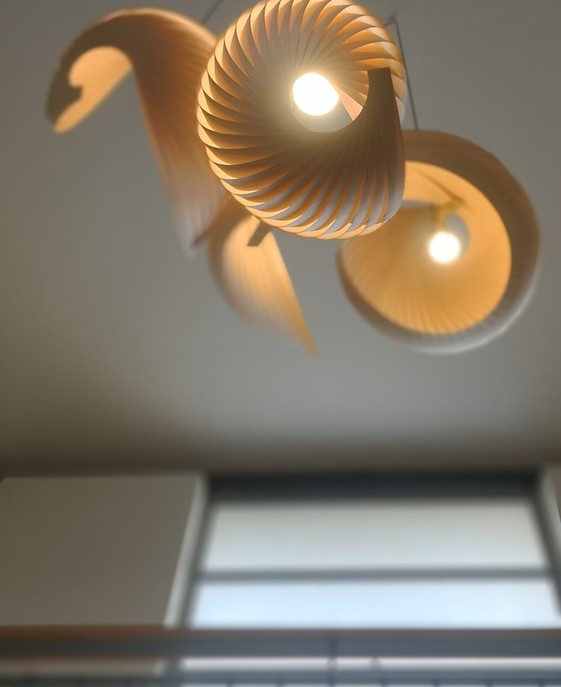 Asymetrické závěsné světlo Studio Vayehi Wing z dřevěné dýhy, tři různé velikosti, pět barevných variant kabelu. 