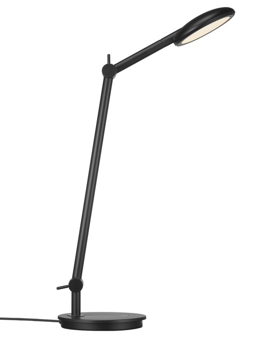 Stolní lampa Bend od Norluxu s nastavitelnou hlavou i ramenem, plynule stmívatelná dotykem, s USB vstupem pro dobíjení jiných zařízení, v černém provedení