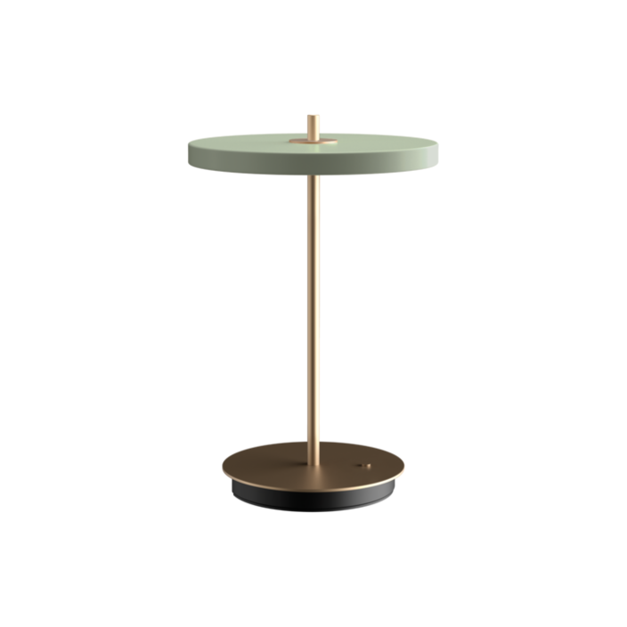 elegantní designová stolní lampa se zabudovaným LED panelem a difuzorem obsahující skrytý USB port pro možnost nabíjení mobilních telefonů, třístupňový stmívač (olivově zelená)