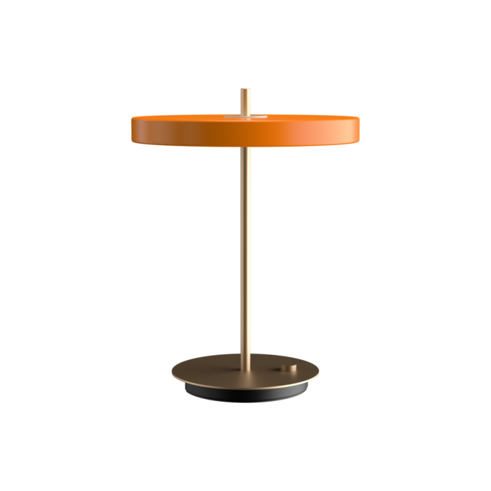 Elegantní designová stolní lampa se zabudovaným LED panelem a difuzorem obsahující skrytý USB port pro možnost nabíjení mobilních telefonů (oranžová)