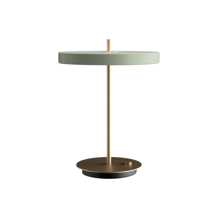 Elegantní designová stolní lampa se zabudovaným LED panelem a difuzorem obsahující skrytý USB port pro možnost nabíjení mobilních telefonů (olivově zelená)