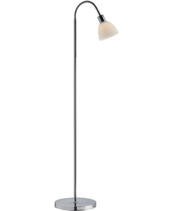 Stojací lampa s chromovou základnou a nastavitelným stínítkem z opálového skla nebo černého kovu