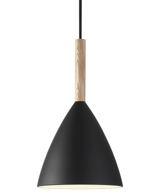 Lampa Pure 20 Nordic od Nordluxu s elegantní špičkou z ořechového dřeva v kombinaci s bílým, černým nebo šedým kovovým stínidlem.