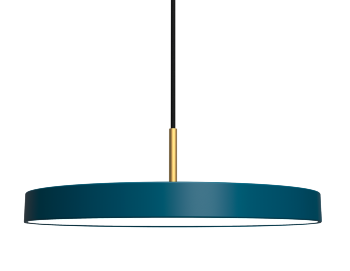 Jednoduchá a originální závěsná lampa UMAGE Asteria ve tvaru disku. Kovové stínidlo, LED žárovka. Šest barev.  (petrolejová)